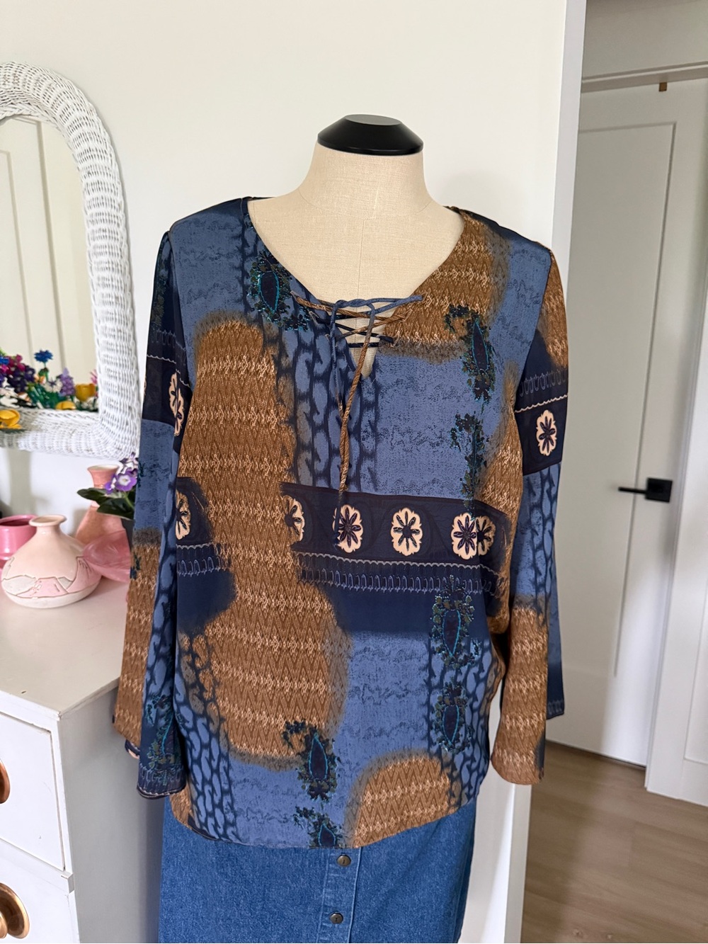 90’s Plus Size Addition-Elle Navy and Brown Paisley Button-Front Top